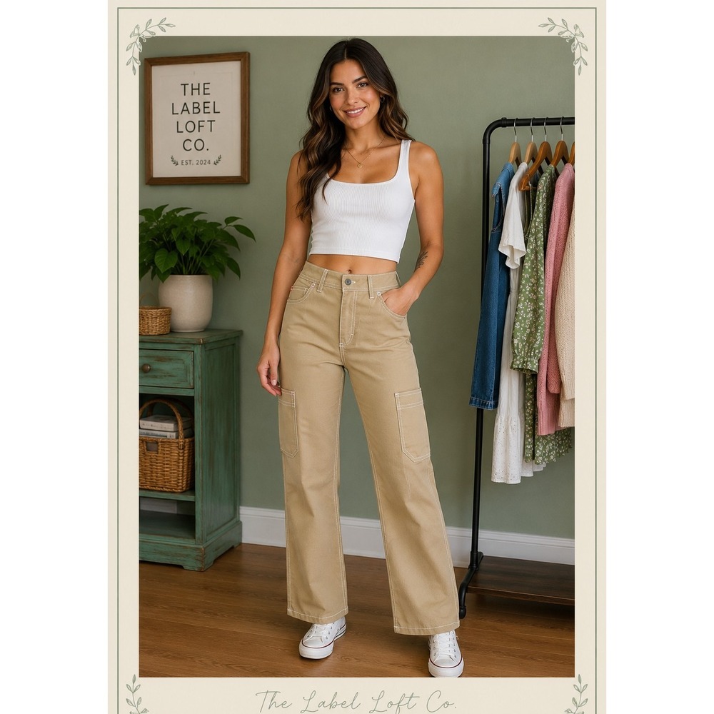 BDG Womens Utility Cargo Pants Size 2 Tan Khaki Wide Leg Y2K Contrast Stitch